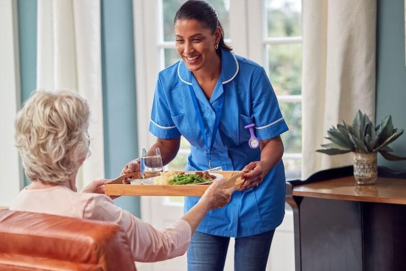 A woman giving meals to an elderly lady